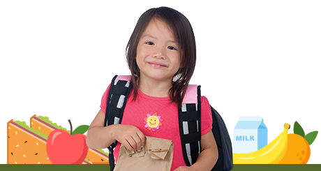 Smiling young girl with a backpack holding a brown paper lunch bag, with illustrations of healthy foods like a sandwich, apple, milk, banana, and carrots in the background.
